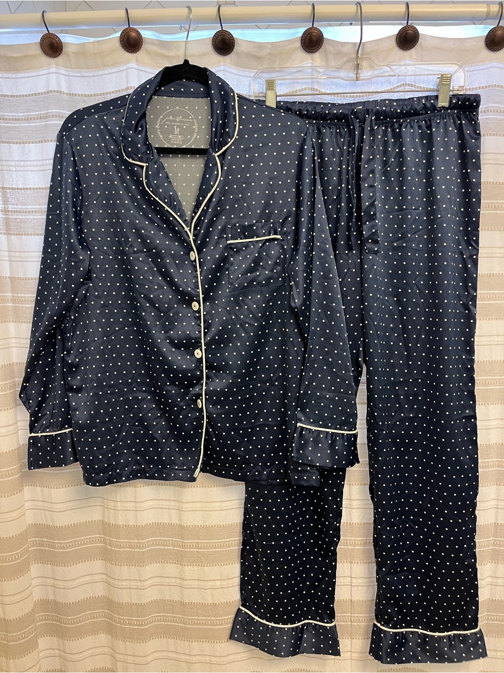 Women's Blue & While Polka Dot Pajamas / Satin PJ Pant Set / Size Medium